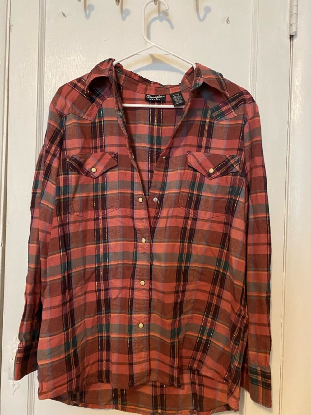 Wrangler Red and Green Plaid Snap Western Shirt
